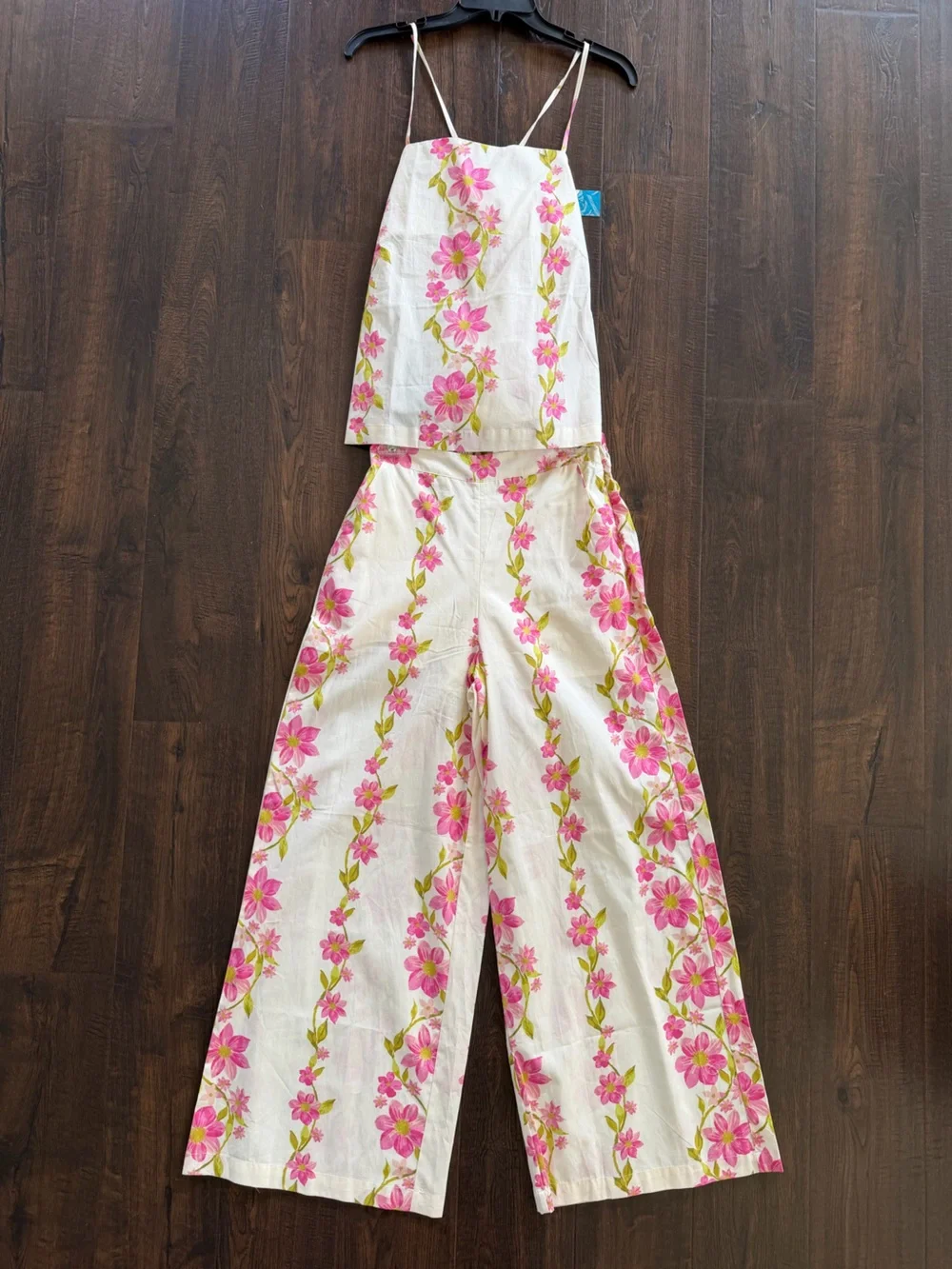 NWT HYFVE Wide Leg Apron Tank Set Delicate Blossom Floral Pink Green Ivory Small